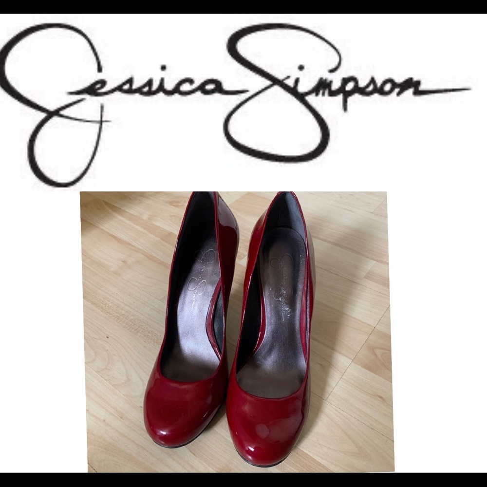Scarlet red patent leather Jessica Simpson pumps